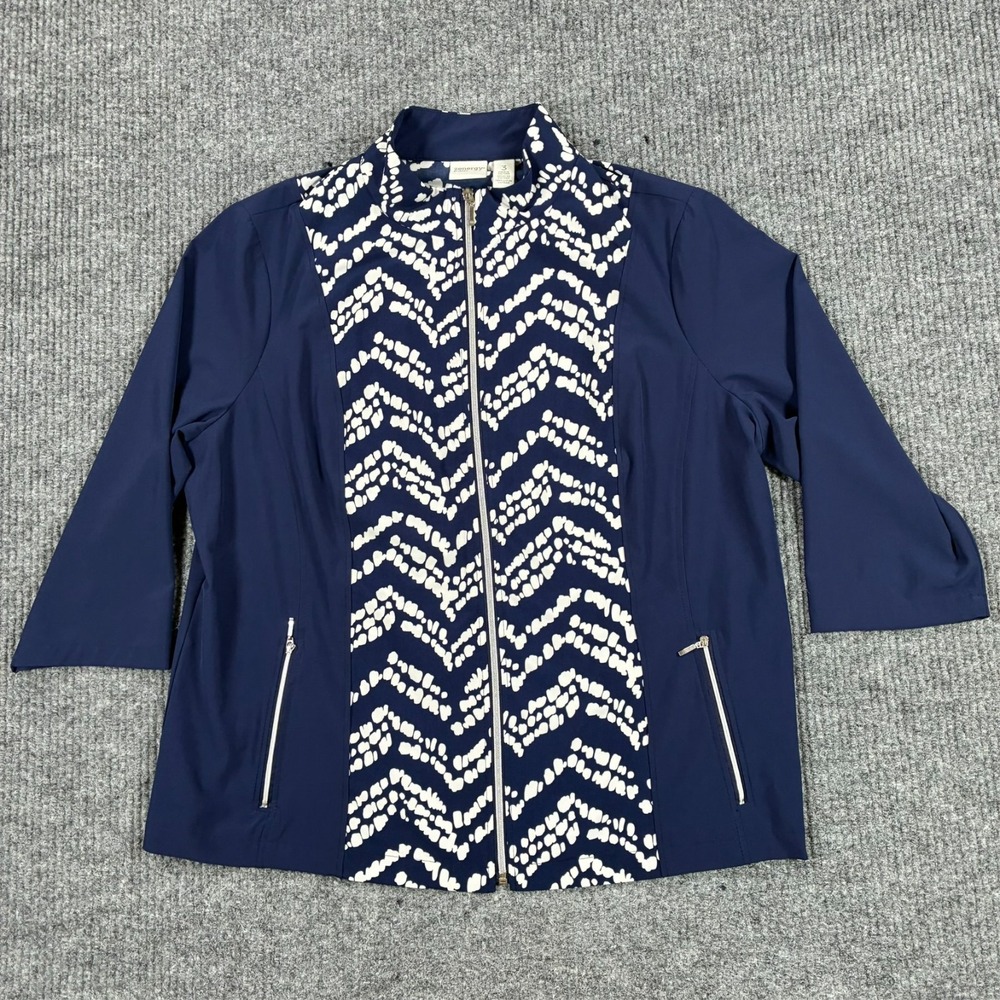 Chico's Zenergy Womens Zip Front Jacket Size 3 Navy Blue Print 3/4 Sleeve